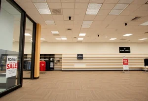 Eddie Bauer store with sale signs indicating bankruptcy and store closures