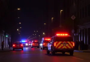 Police lights illuminating a street scene during a late night emergency response.