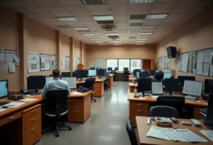 An empty newsroom representing layoffs at a major newspaper.