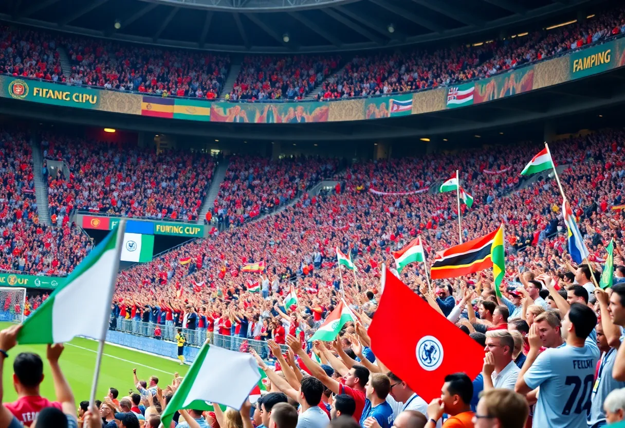 Crowd cheering in a soccer stadium for the FIFA World Cup