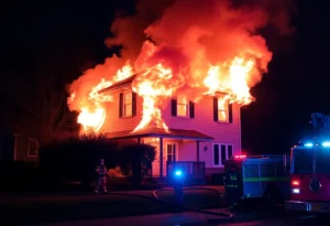 Fire engulfed house with firefighters in action
