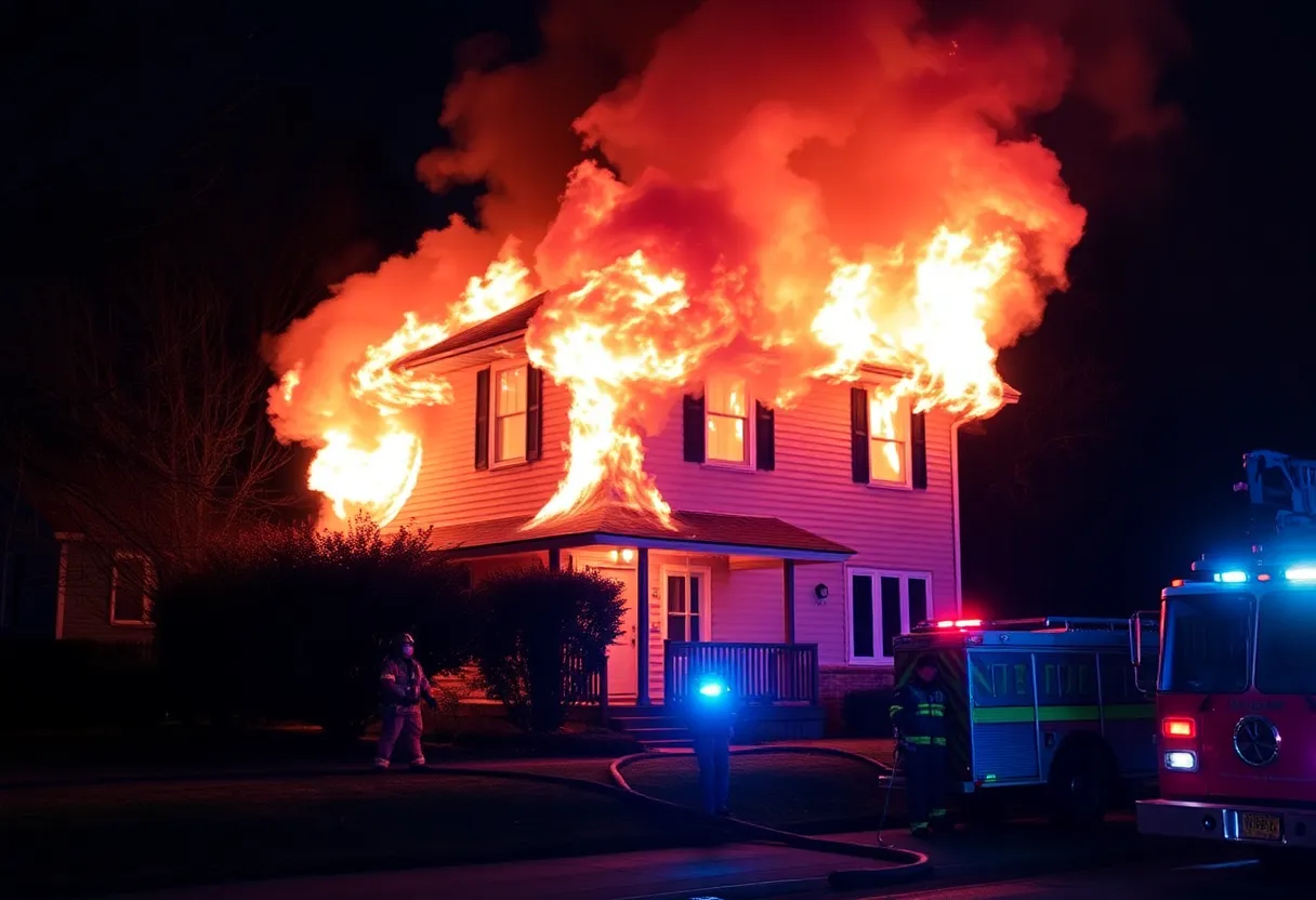 Fire engulfed house with firefighters in action