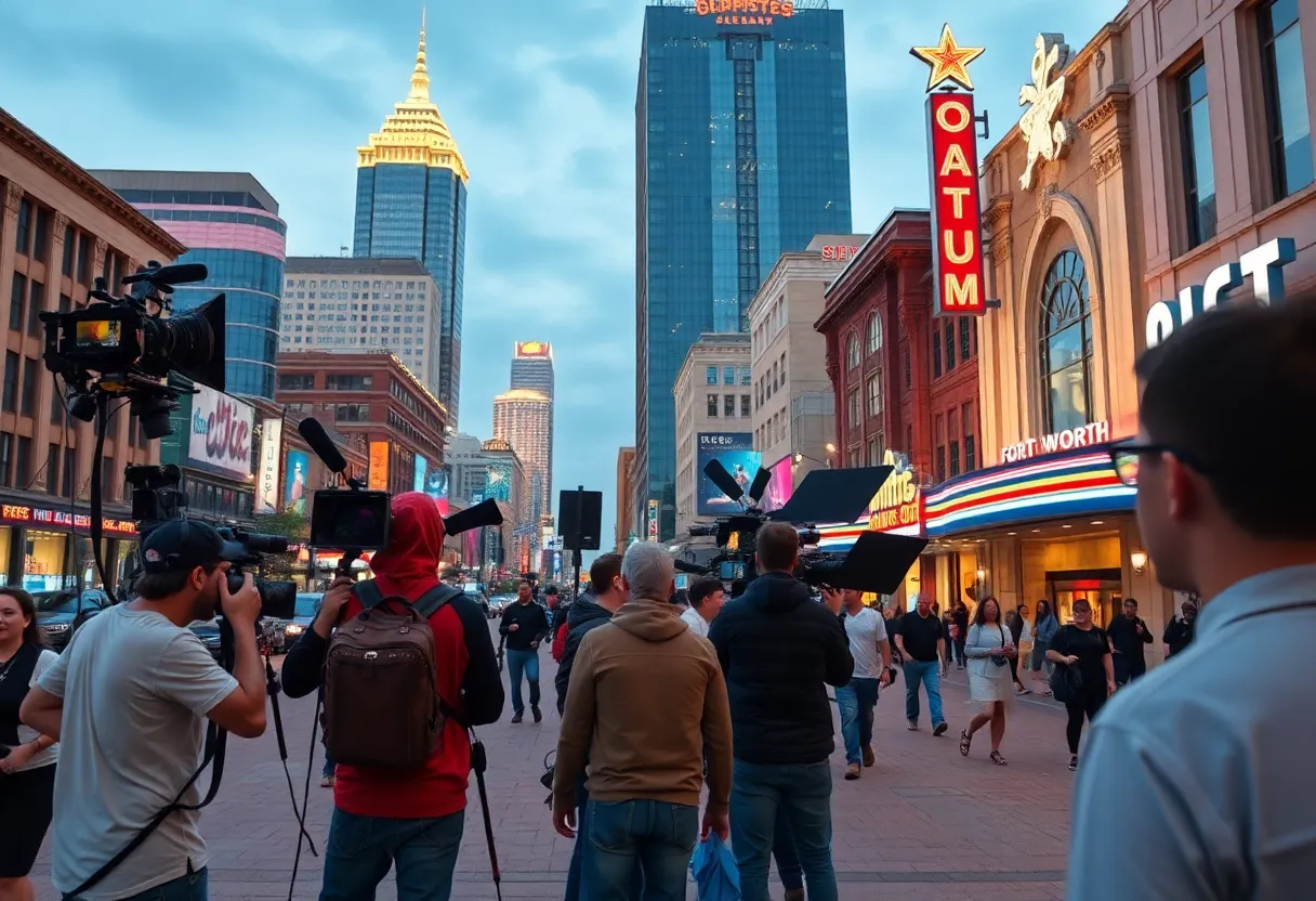 Fort Worth skyline with film production scenes