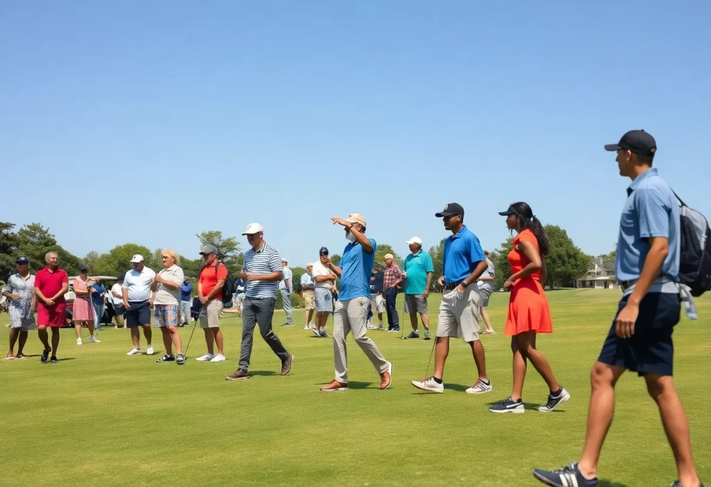 Golfers enjoying a sunny day at a community event on the golf course.