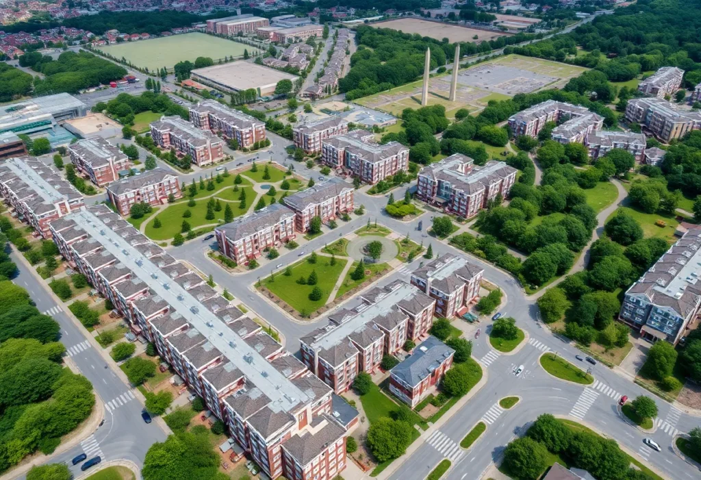 Aerial view of Frisco's Grand Park development showcasing residential units, commercial buildings, and green spaces.