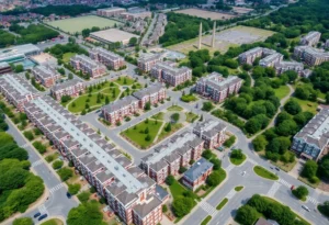 Aerial view of Frisco's Grand Park development showcasing residential units, commercial buildings, and green spaces.