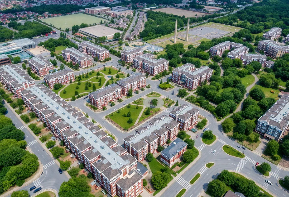 Aerial view of Frisco's Grand Park development showcasing residential units, commercial buildings, and green spaces.