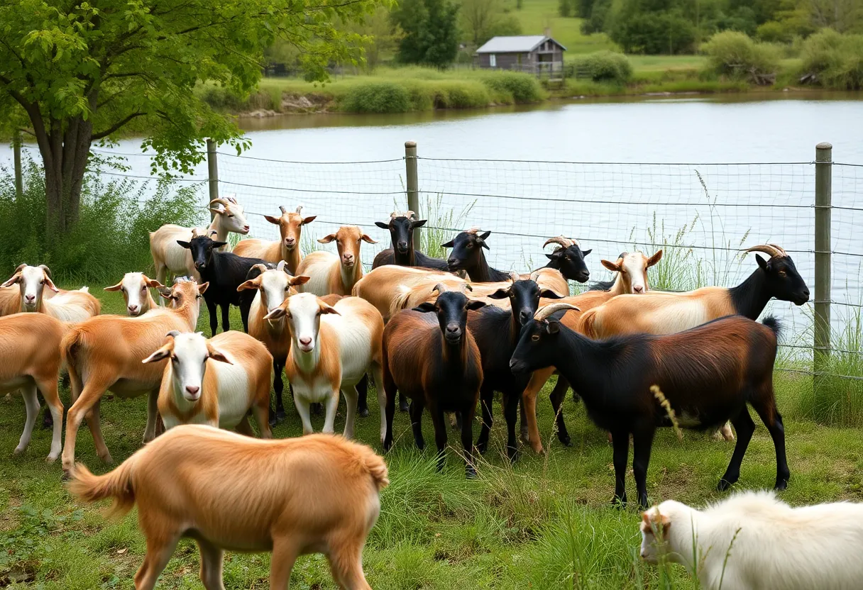 A herd of goats grazing at White Rock Lake, surrounded by nature.