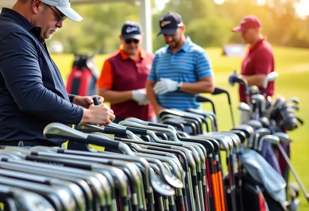 Participants engaging in a golf fitting session at a scenic location with various clubs