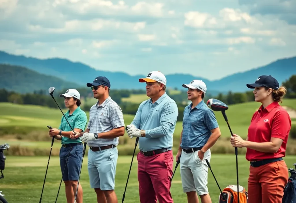 Golf enthusiasts testing clubs during a fitting event