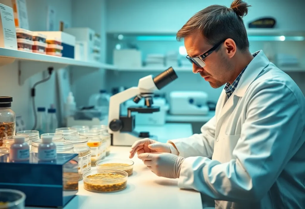 Laboratory scene showing research on gut microbiome's impact on cancer treatment.