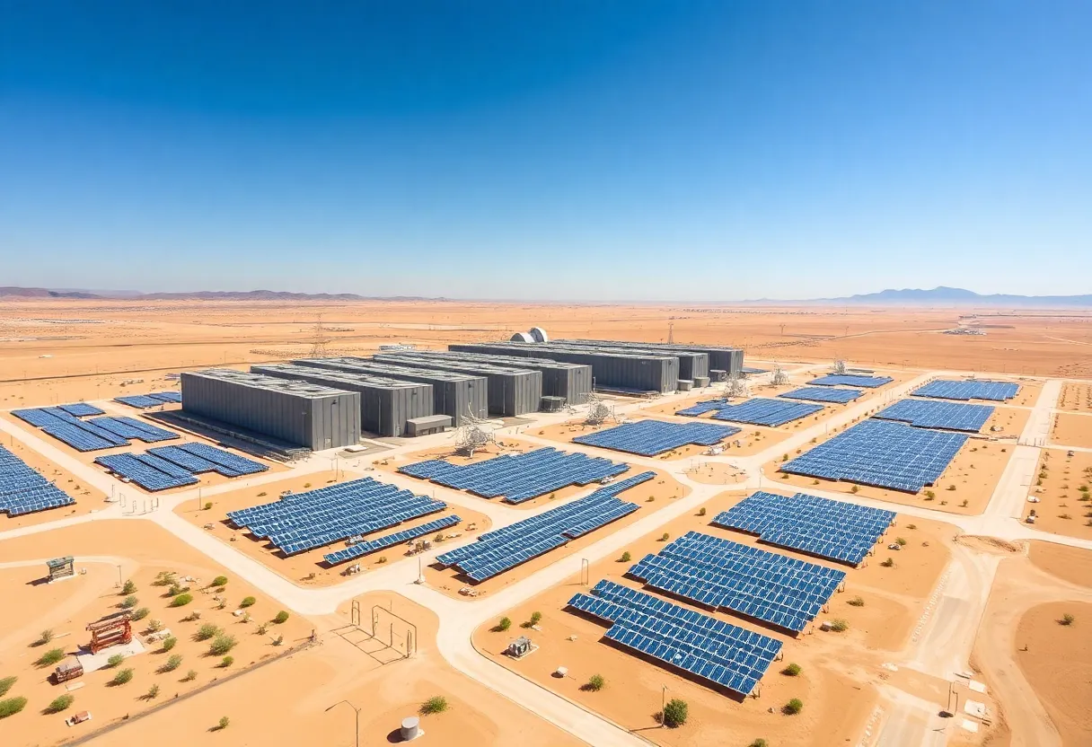 Aerial view of the GW Ranch Data Center Campus with solar panels and natural gas turbines in West Texas.