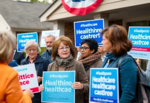 Political campaign focused on healthcare costs with signs in a community setting