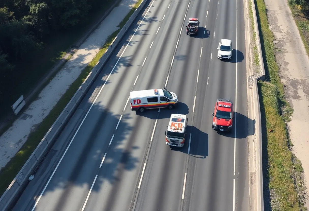 Aerial view of a rollover crash on I-35 near Illinois Avenue with traffic cones and emergency vehicles on the scene.
