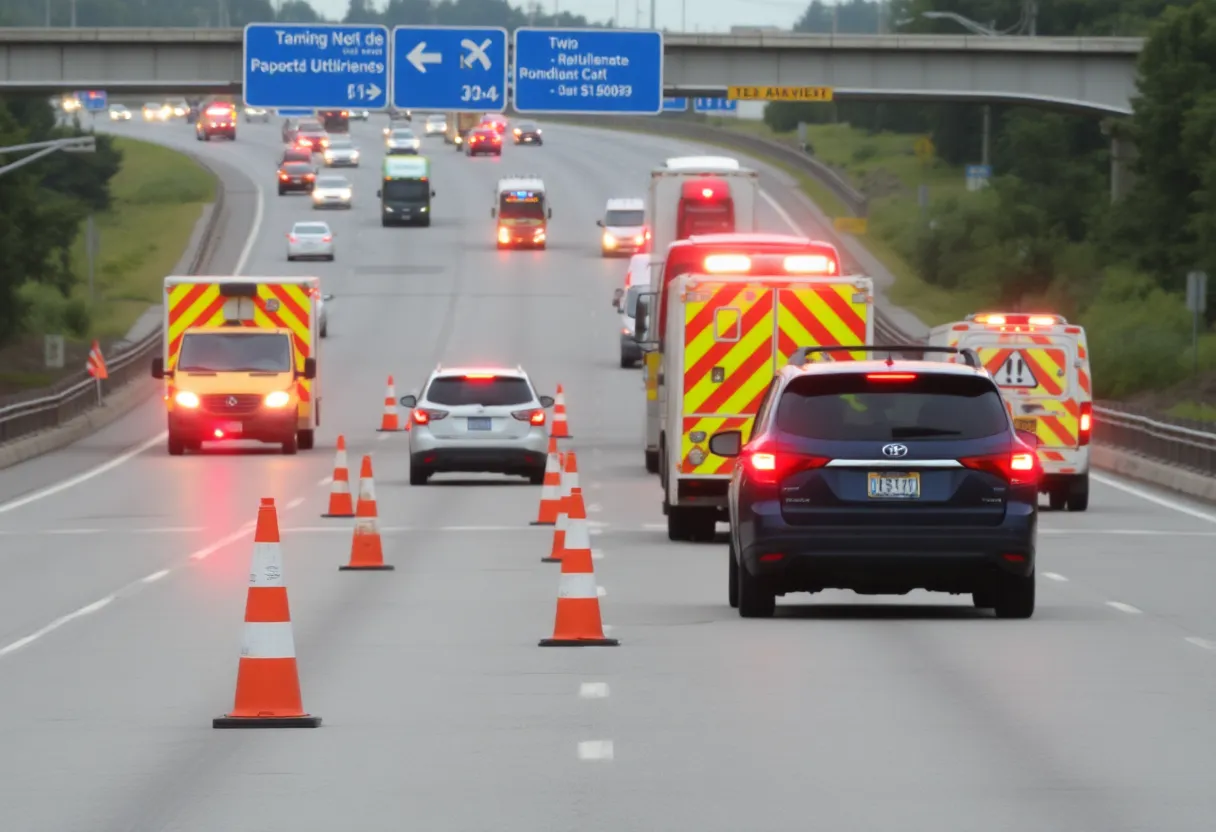 Traffic accident scene on southbound I-35W with emergency services responding.
