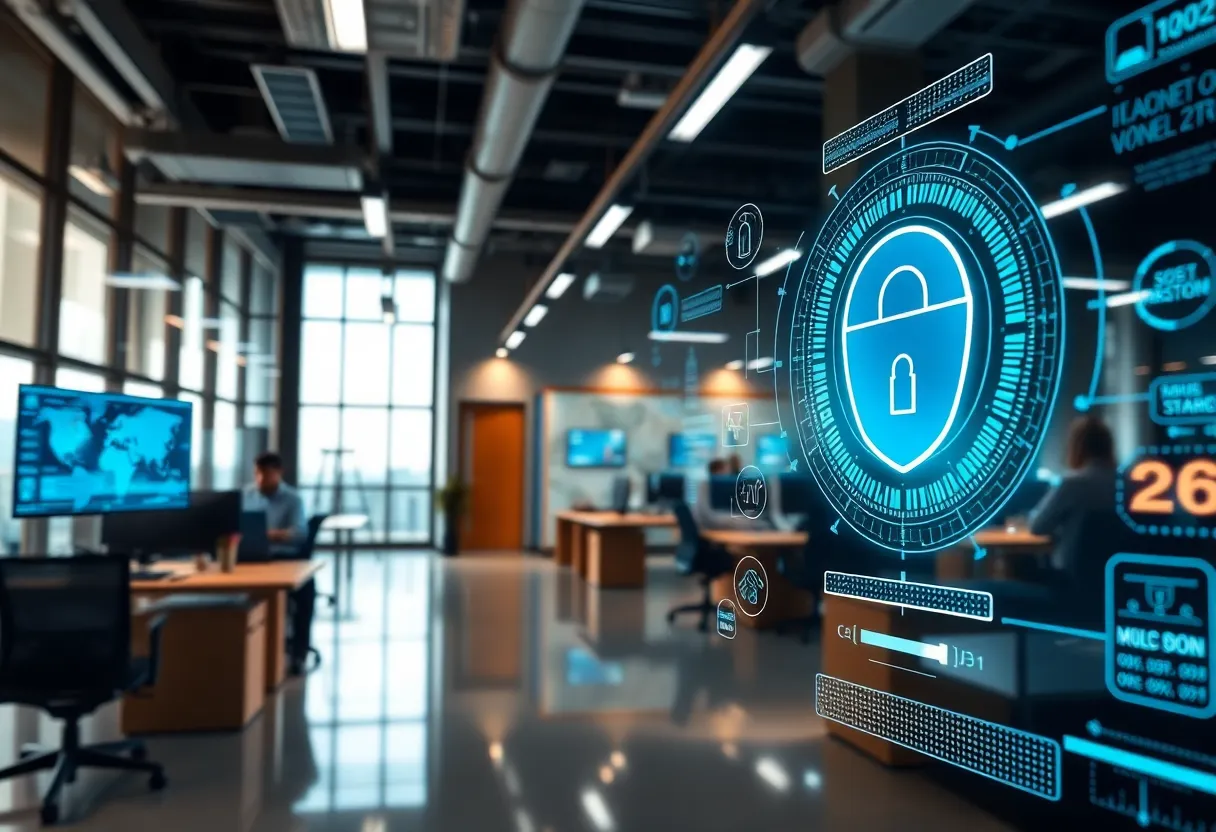 Graphic representation of Illuno's business security platform in a sleek office setting