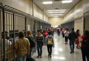 A representation of a busy immigration detention center highlighting systemic issues and need for reform.