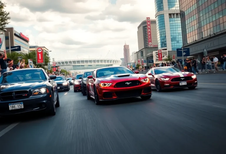 Cars racing through Arlington city streets during the IndyCar Grand Prix.