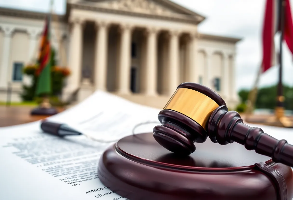 A judge's gavel placed on a stack of legal documents in a courthouse setting.