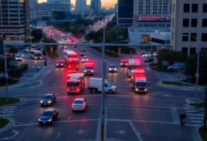 Emergency vehicles at the scene of a collision at LBJ Freeway and Miller Road