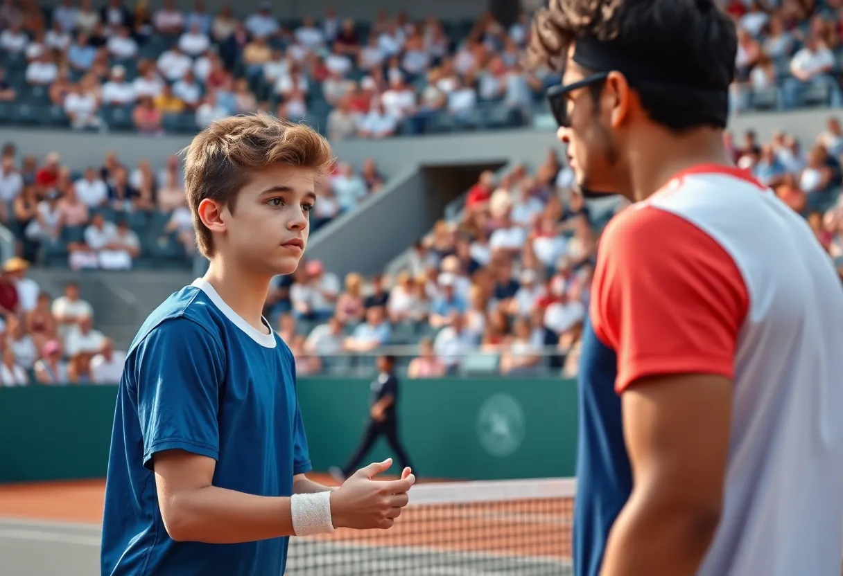 A tennis match in progress between two players at the Dallas Open.