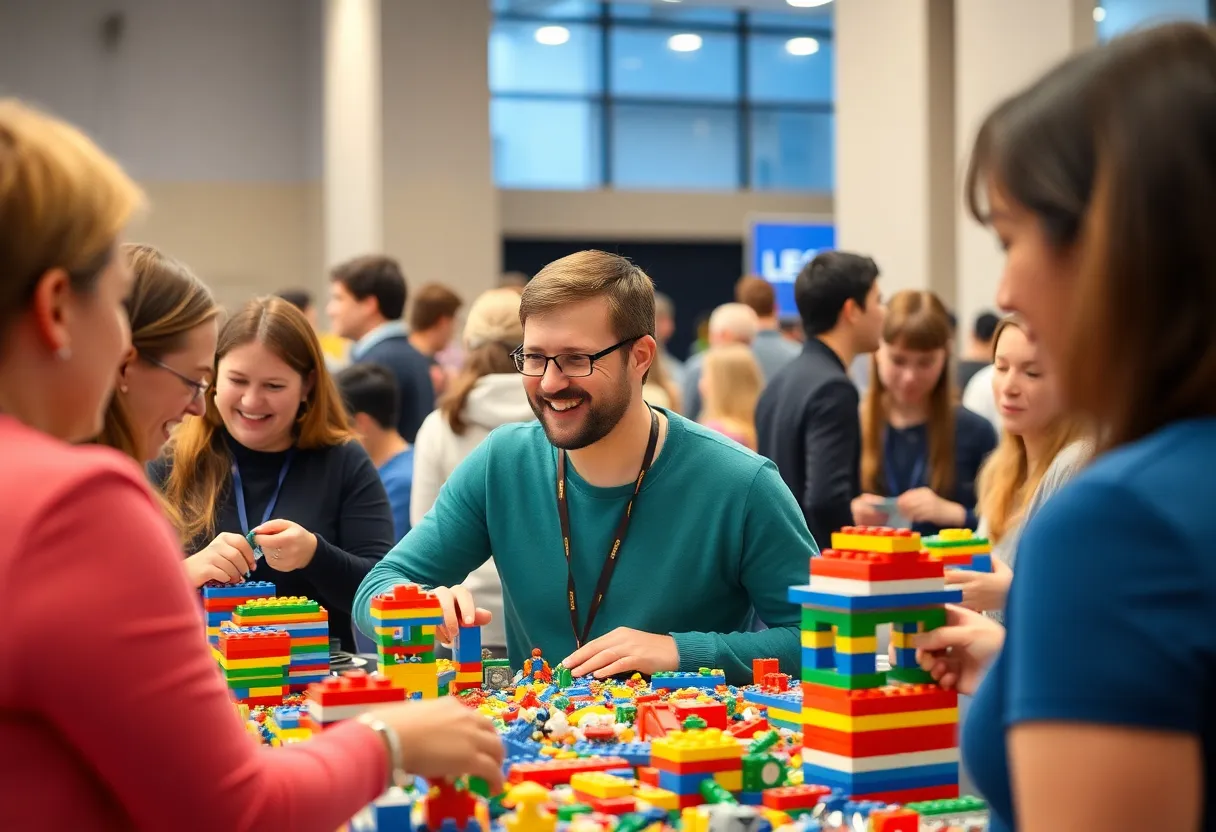 Adults participating in LEGO building activities at Grapevine.