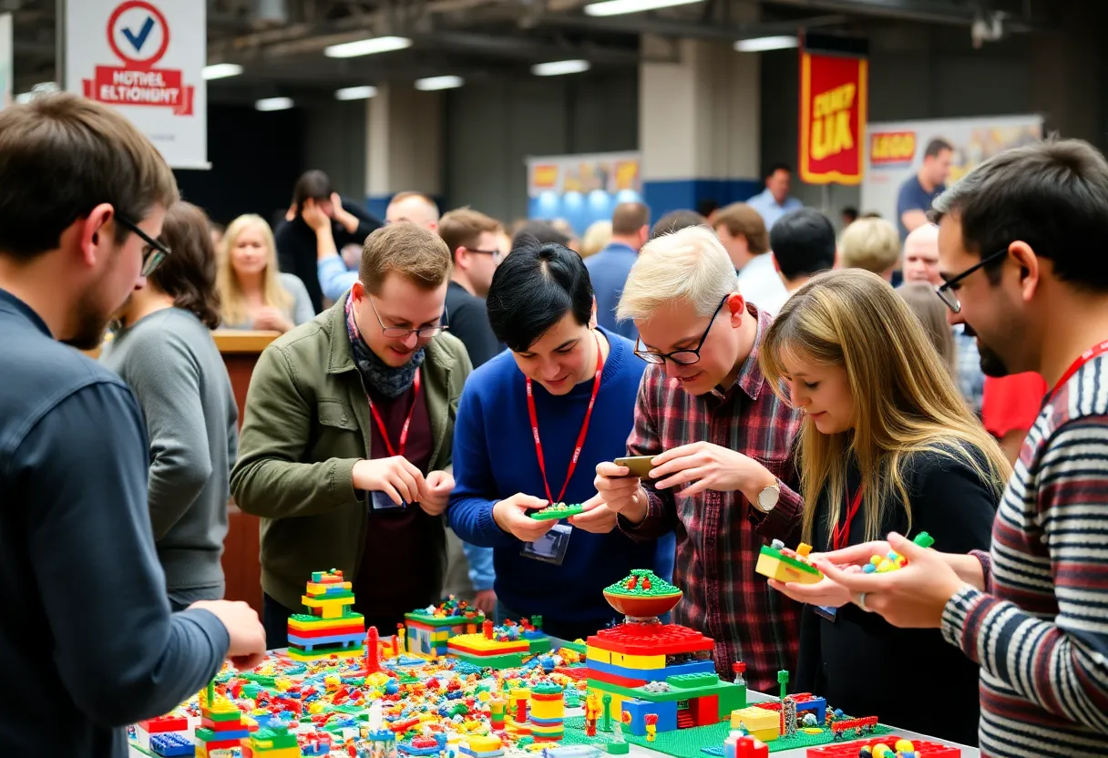 Adults engaged in LEGO building activities at the LEGO Adult Night event.