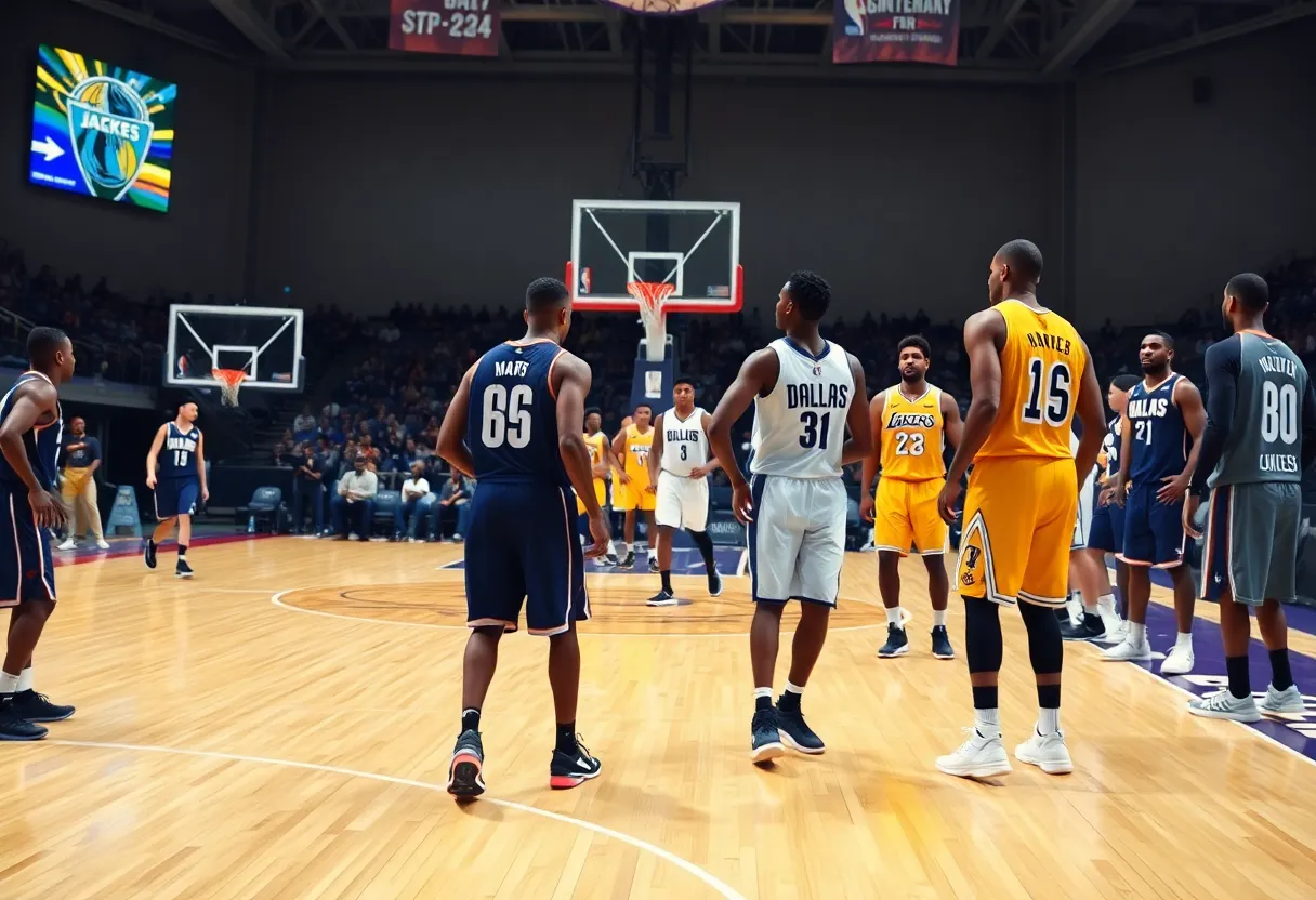 Basketball players representing the Dallas Mavericks and Los Angeles Lakers on the court during a game.