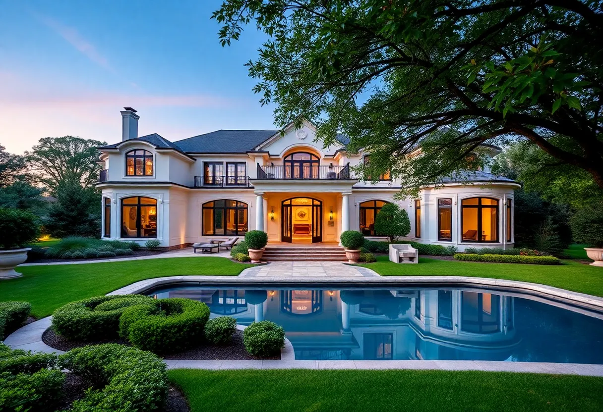 Exterior view of a luxury mansion in Dallas with a pool and landscaped garden