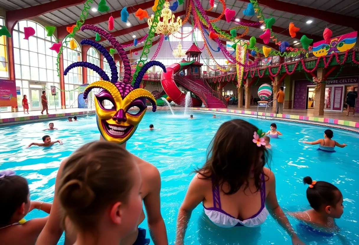 Families enjoying the Mardi Gras celebration at Epic Waters Indoor Waterpark