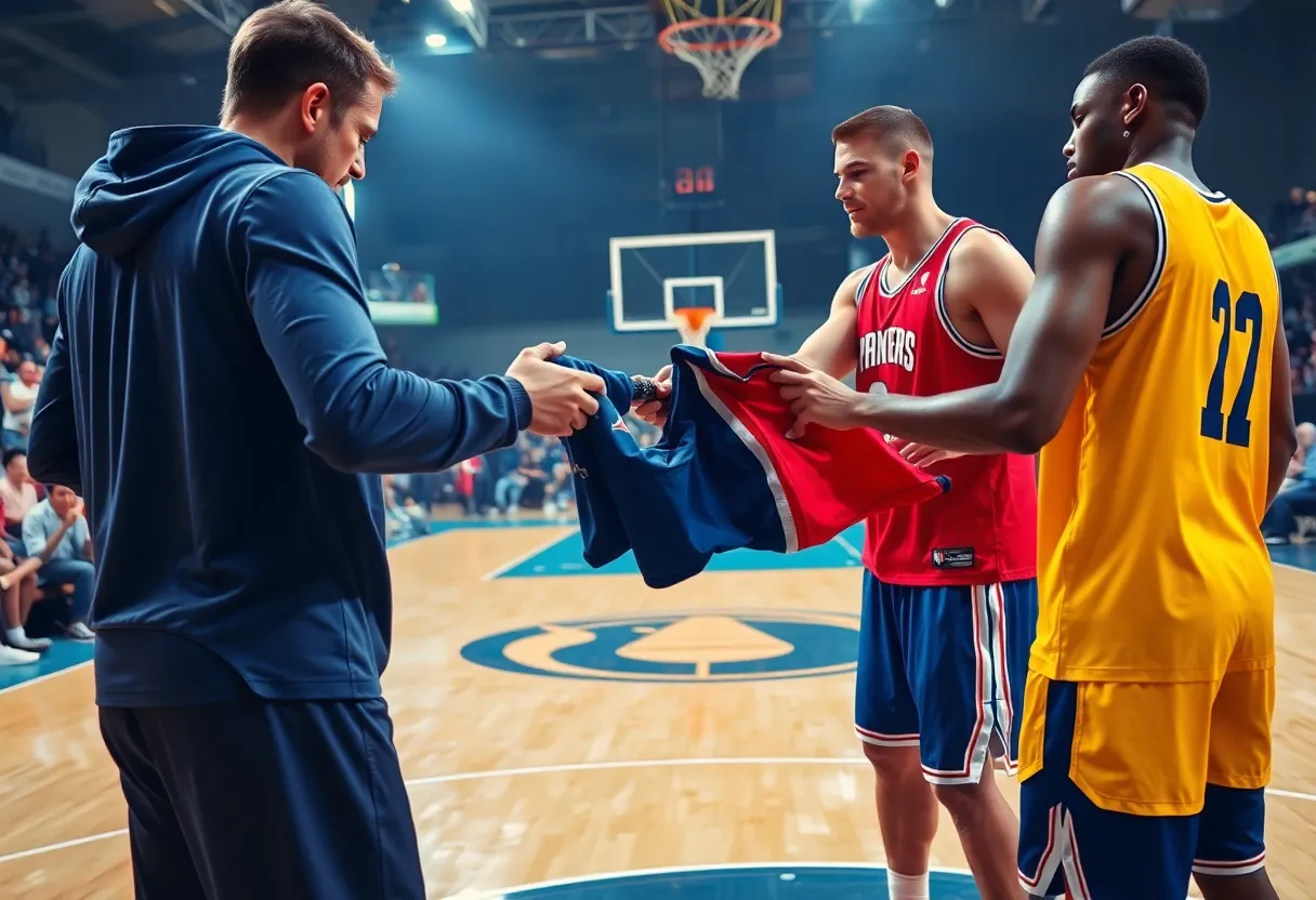 Basketball players exchanging uniforms on a court during a trade event