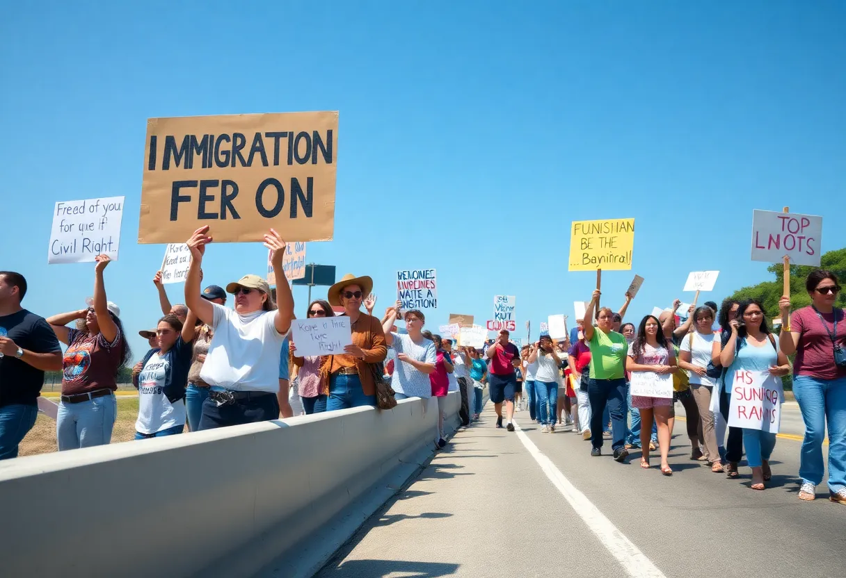 Crowd of protesters holding signs advocating for immigration reform in McKinney, Texas
