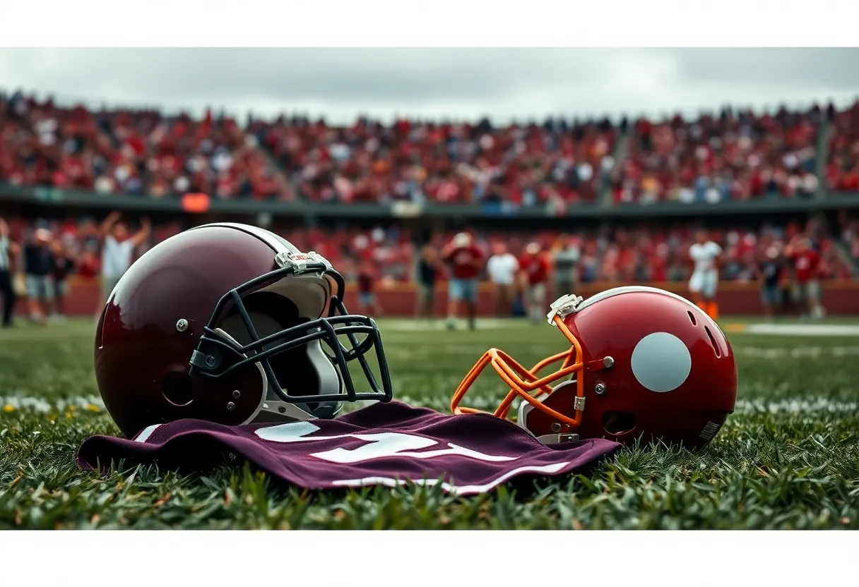 Football helmet and torn jersey symbolizing sports injury