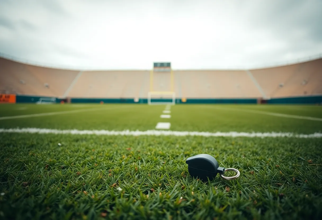 Empty football field with a coach's whistle on the grass
