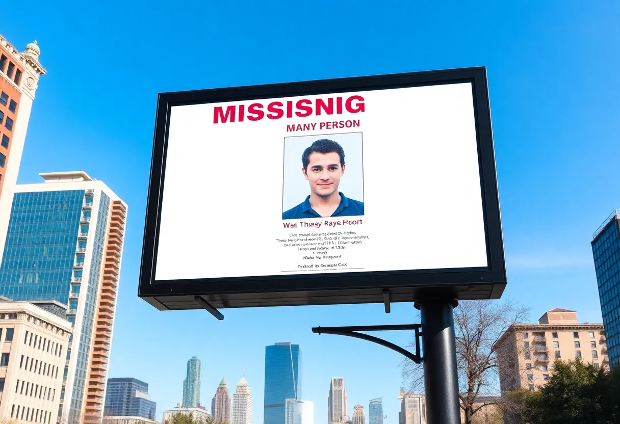 Digital billboard showing information about a missing person in a Texas city
