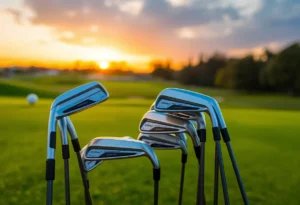 Close-up of modern graphite iron golf shafts on the course.