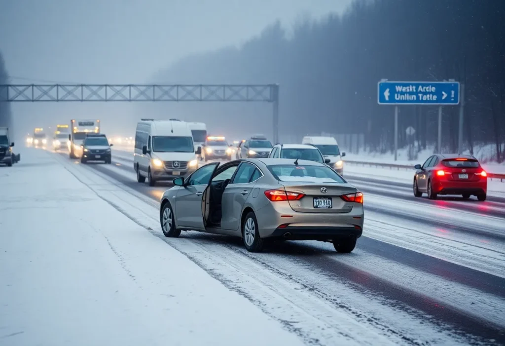 Multi-vehicle accident on I-70 Eastbound during winter weather conditions