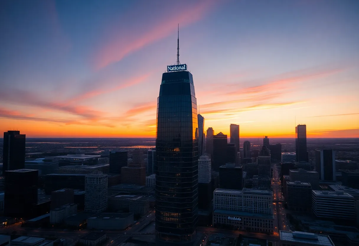 Aerial view of the National skyscraper located in downtown Dallas, Texas.