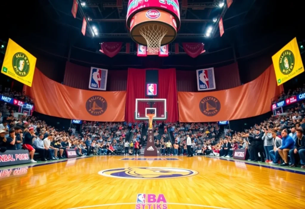 A basketball court showcasing team logos during a trade announcement.