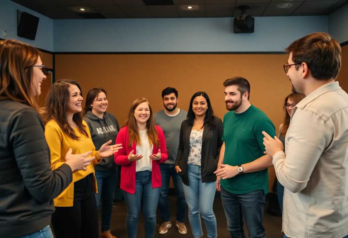 Participants engaging in improv exercises and social interactions at a neurodivergent dating event.