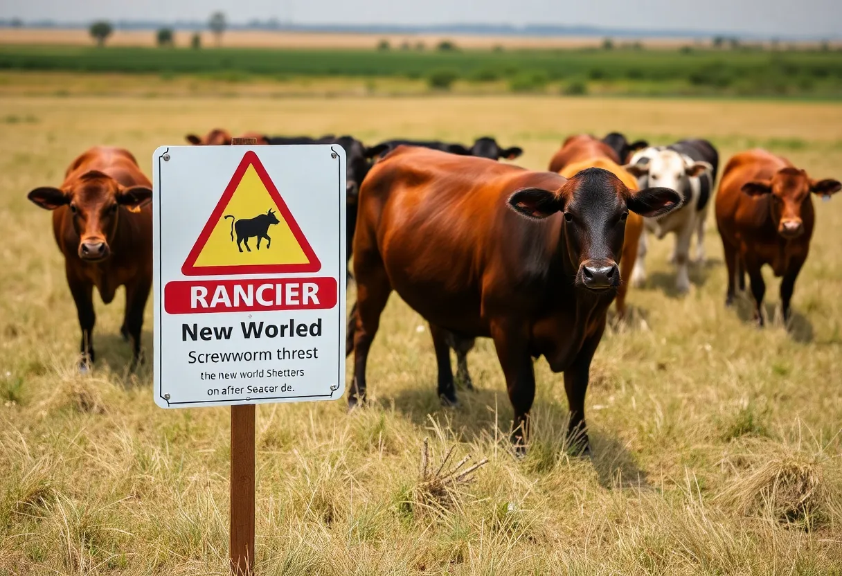 Cattle ranch scene in Texas with warning about New World screwworm