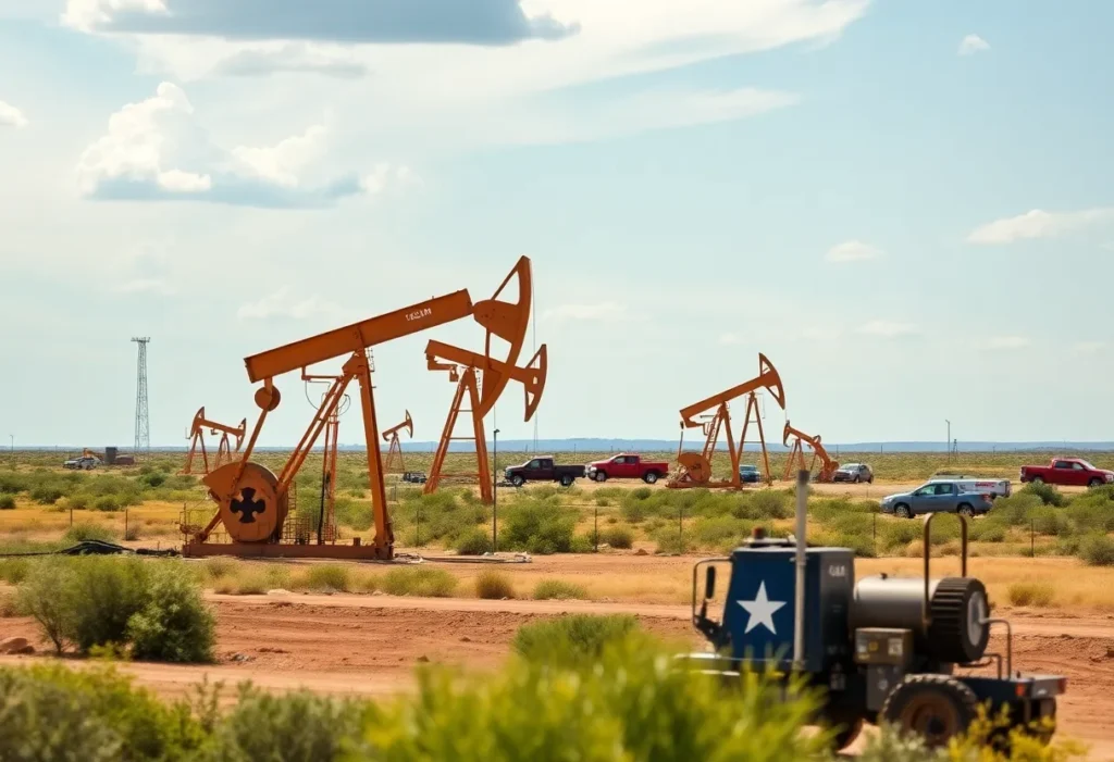 A view of the Permian Basin, highlighting oil rigs and the landscape of Texas.