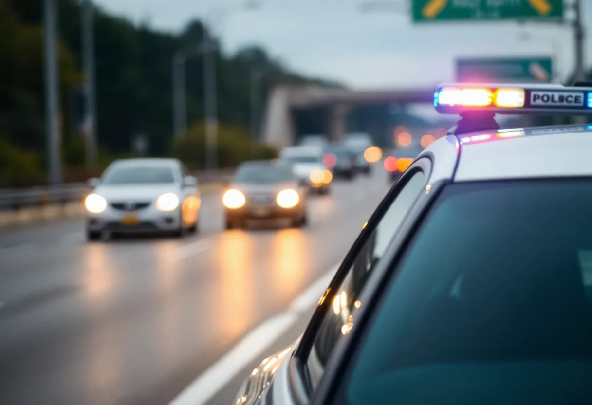 Police cars with flashing lights at a highway accident scene