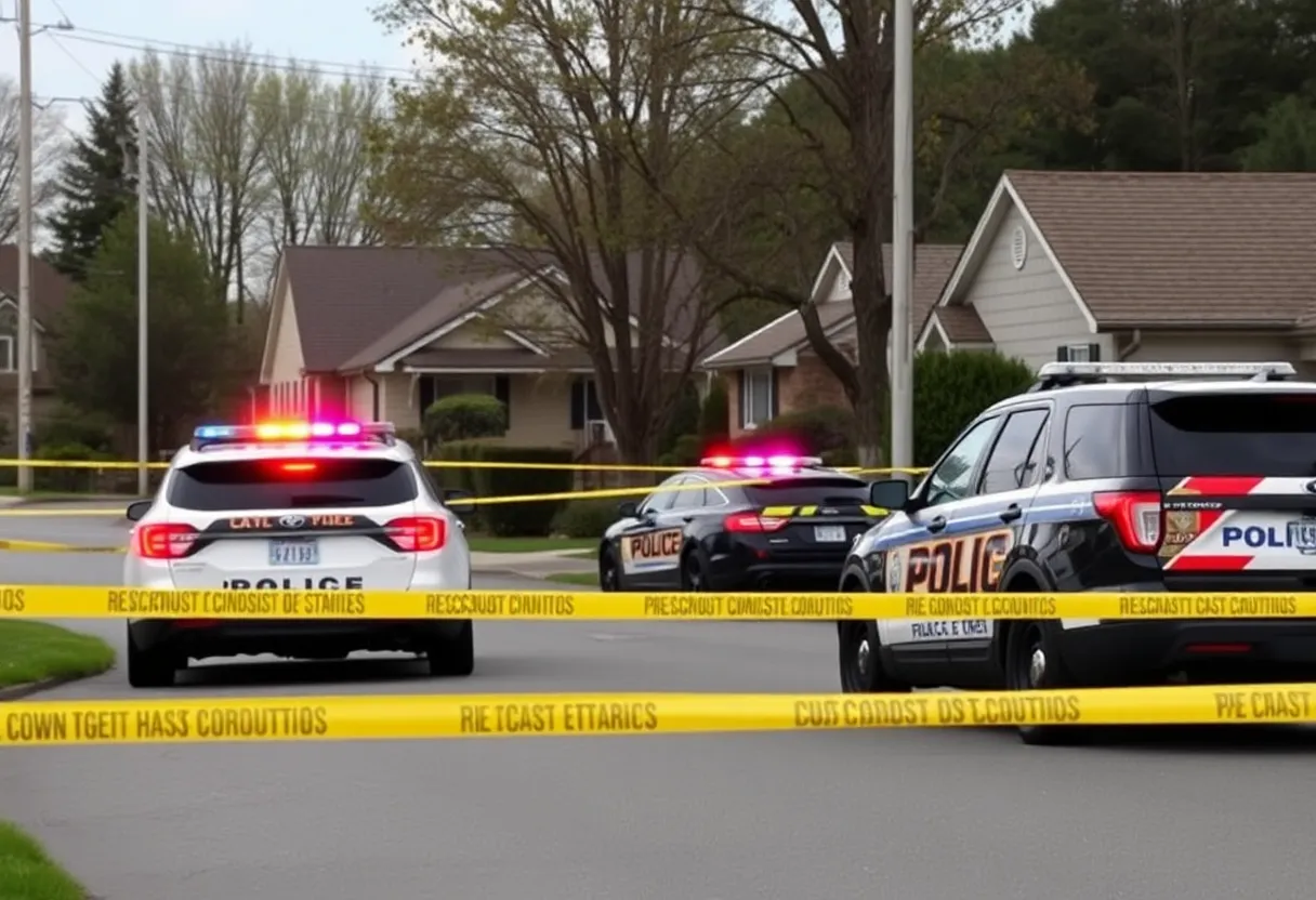 Suburban neighborhood police scene with caution tape