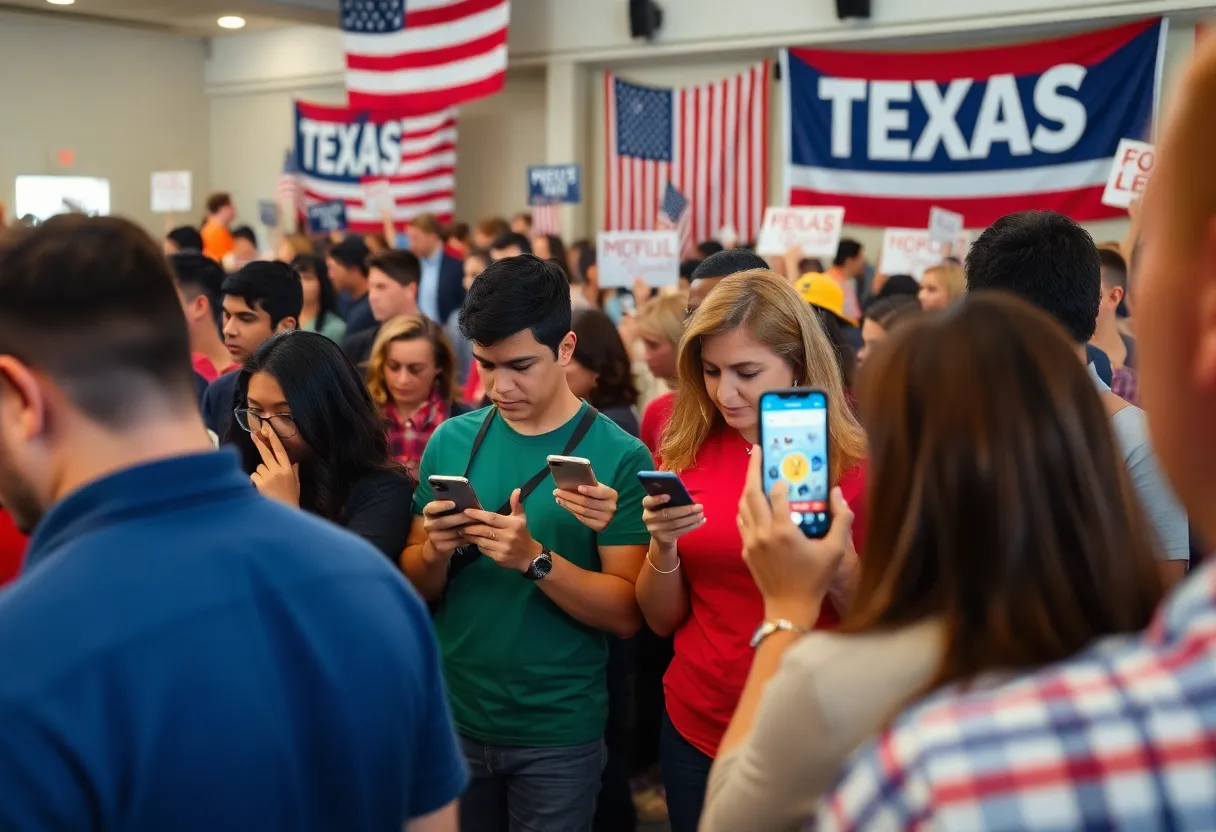 Crowd at a political rally engaging with social media