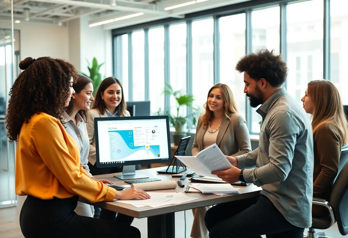 Team of professionals in a modern office discussing a press release strategy