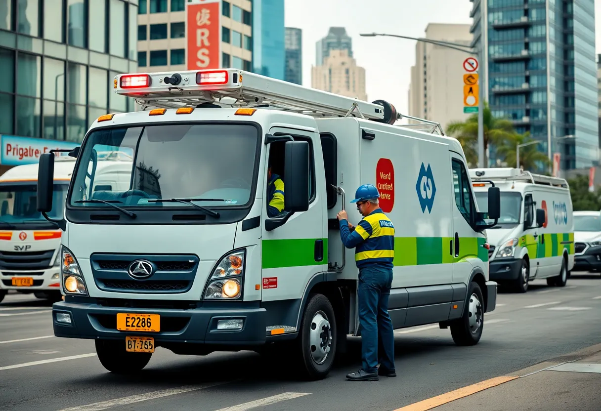 Technicians performing mobile maintenance on commercial trucks.