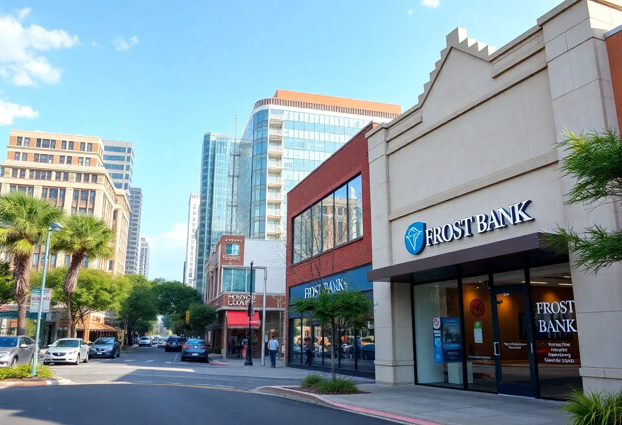 San Antonio skyline with busy local businesses and a Frost Bank branch