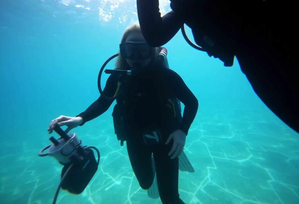 Underwater scuba diving scene highlighting safety equipment