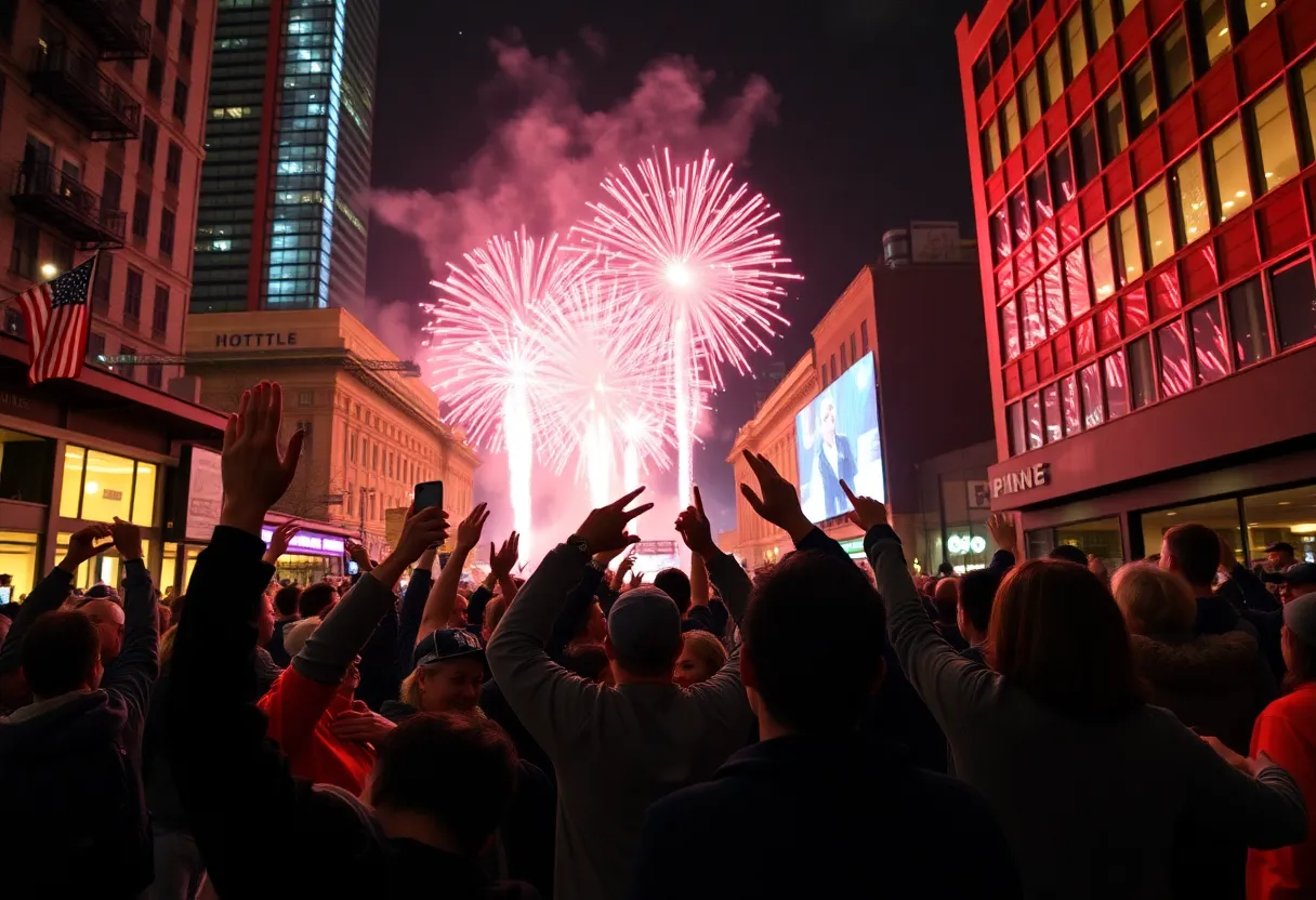 Fans celebrating the Seattle Seahawks Super Bowl victory in Pioneer Square.